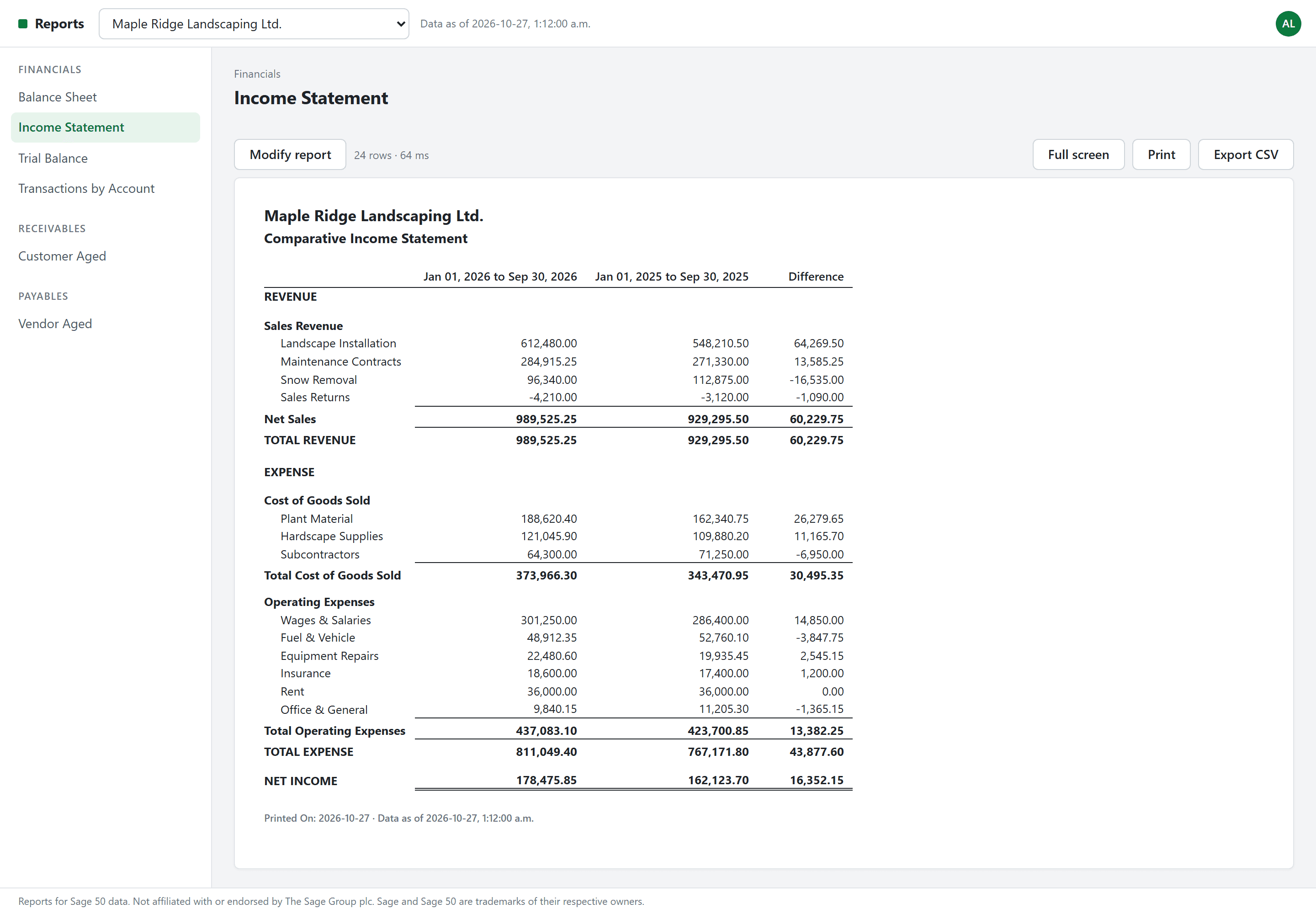 Nexpert screen: Comparative Income Statement, on made-up data